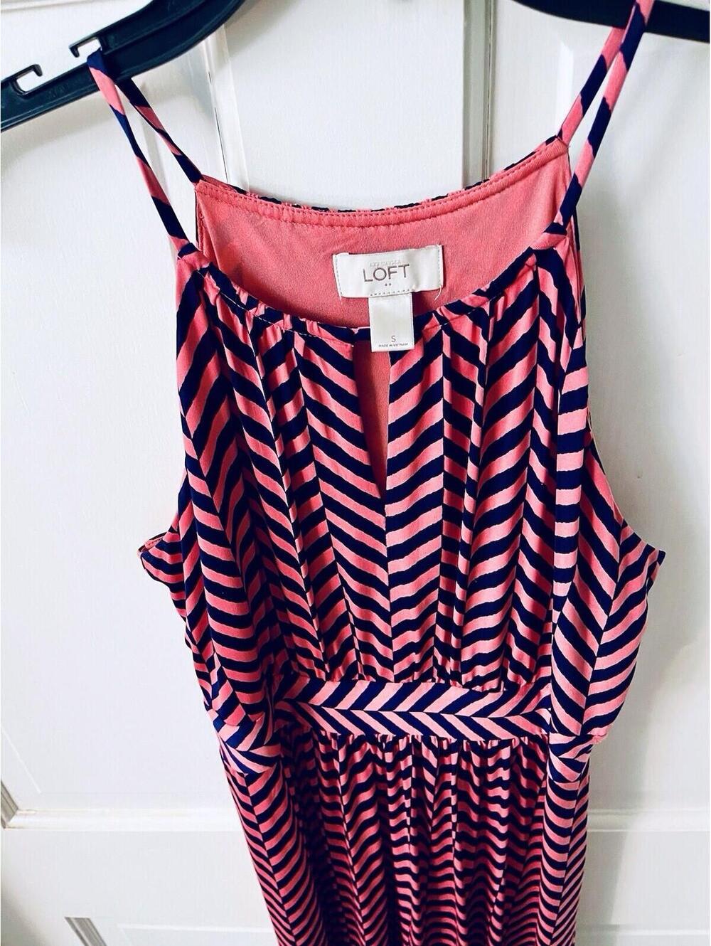 Ann Taylor Loft Maxi Dress NWOT Women’s Size S Orange Navy Blue Chevron Halter